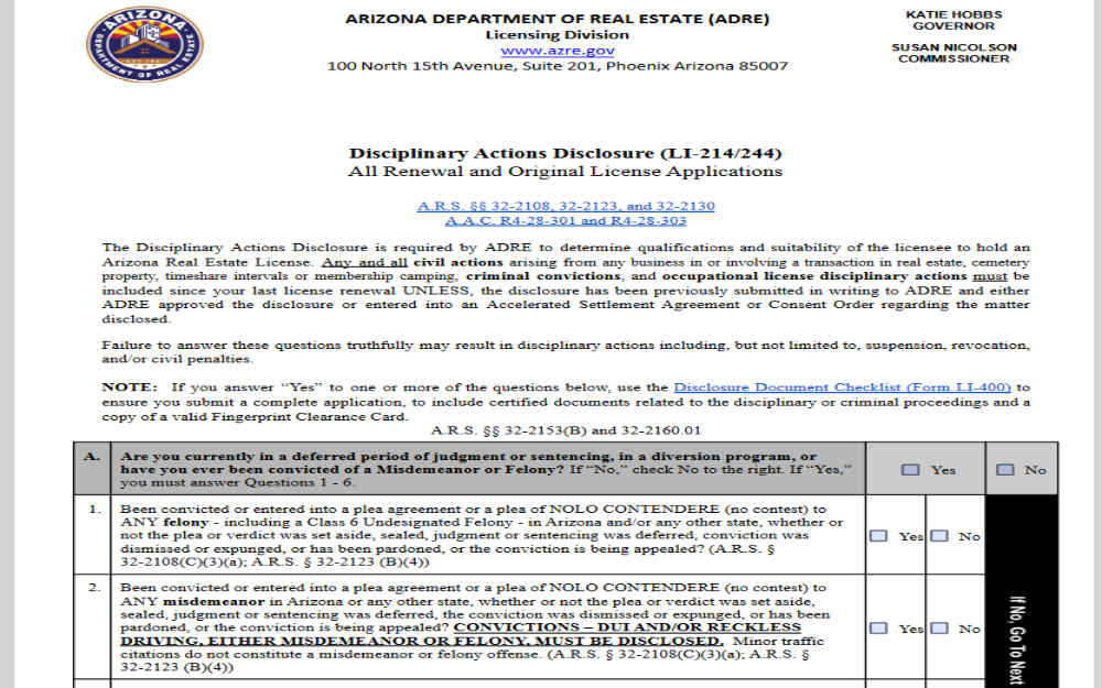 A screenshot of a document from the Arizona Department of Real Estate (ADRE) titled Disciplinary Actions Disclosure, which is part of the license renewal and original license application process, containing legal text and checkboxes for disclosure statements.