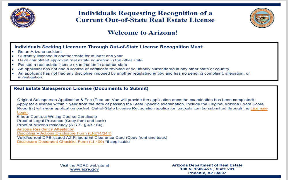 A screenshot document from the Arizona Department of Real Estate providing guidelines for individuals seeking to have an out-of-state real estate license recognized in Arizona, detailing eligibility criteria and a list of documents to submit for a Real Estate Salesperson License application.