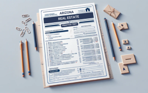 A practice test for Arizona real estate on a desk with pencils, a pen, paper clips, an envelope, and cards with the letter 'A'.